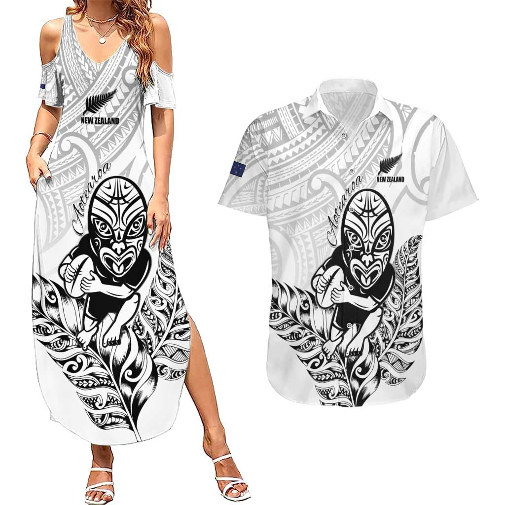 New Zealand Silver Fern Rugby Custom Couples Matching Summer Maxi Dress and Hawaiian Shirt Maori Tiki White Version LT15 White - Polynesian Pride