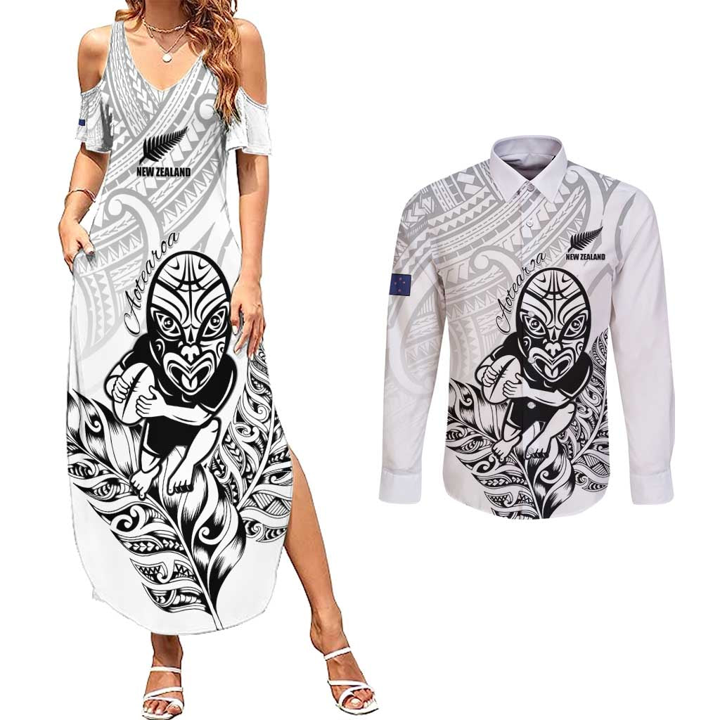 New Zealand Silver Fern Rugby Custom Couples Matching Summer Maxi Dress and Long Sleeve Button Shirt Maori Tiki White Version LT15 White - Polynesian Pride