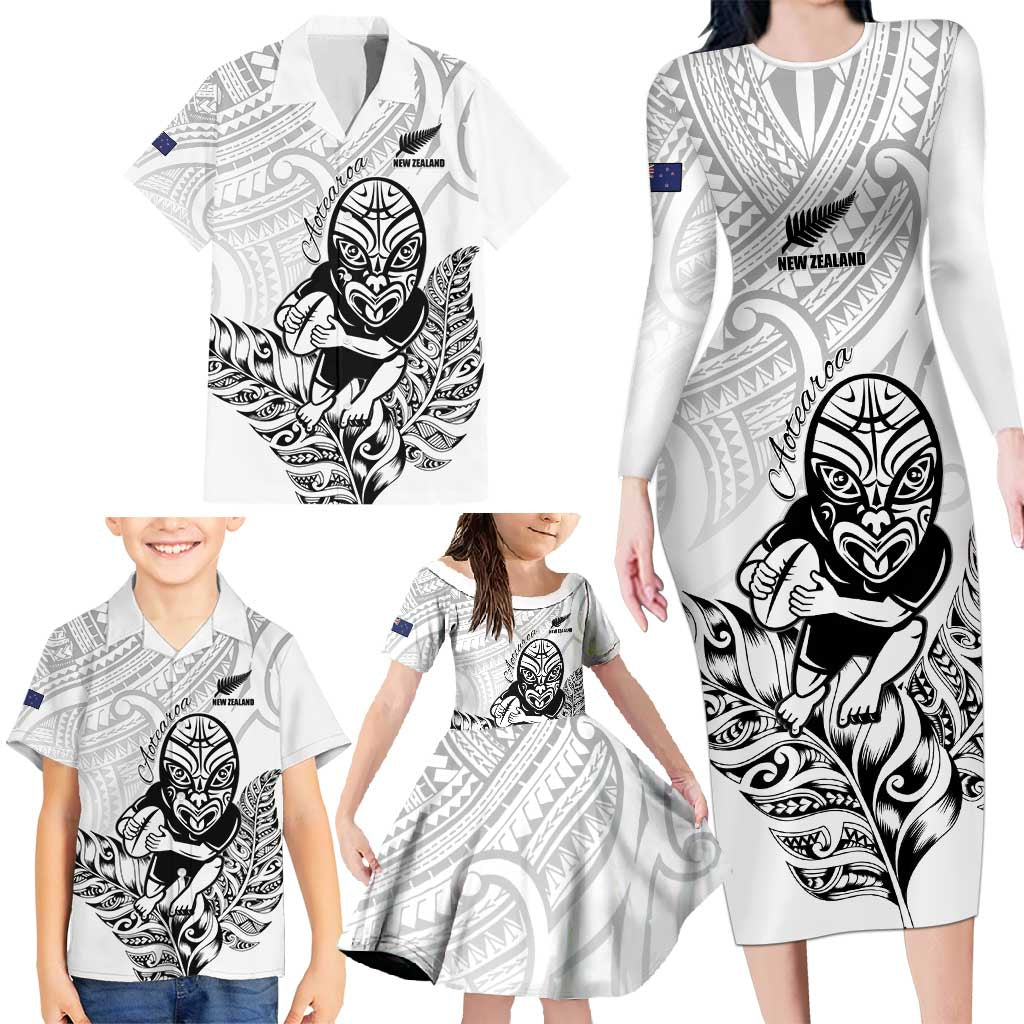 New Zealand Silver Fern Rugby Custom Family Matching Long Sleeve Bodycon Dress and Hawaiian Shirt Maori Tiki White Version LT15 - Polynesian Pride