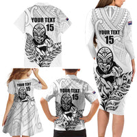 New Zealand Silver Fern Rugby Custom Family Matching Long Sleeve Bodycon Dress and Hawaiian Shirt Maori Tiki White Version LT15 - Polynesian Pride