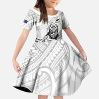 New Zealand Silver Fern Rugby Custom Family Matching Off The Shoulder Long Sleeve Dress and Hawaiian Shirt Maori Tiki White Version LT15 Daughter's Dress White - Polynesian Pride