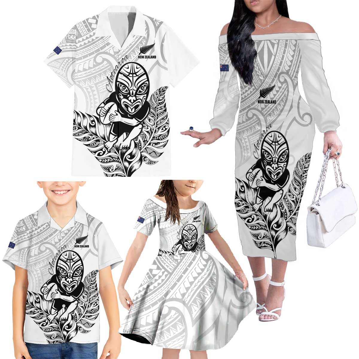 New Zealand Silver Fern Rugby Custom Family Matching Off The Shoulder Long Sleeve Dress and Hawaiian Shirt Maori Tiki White Version LT15 - Polynesian Pride