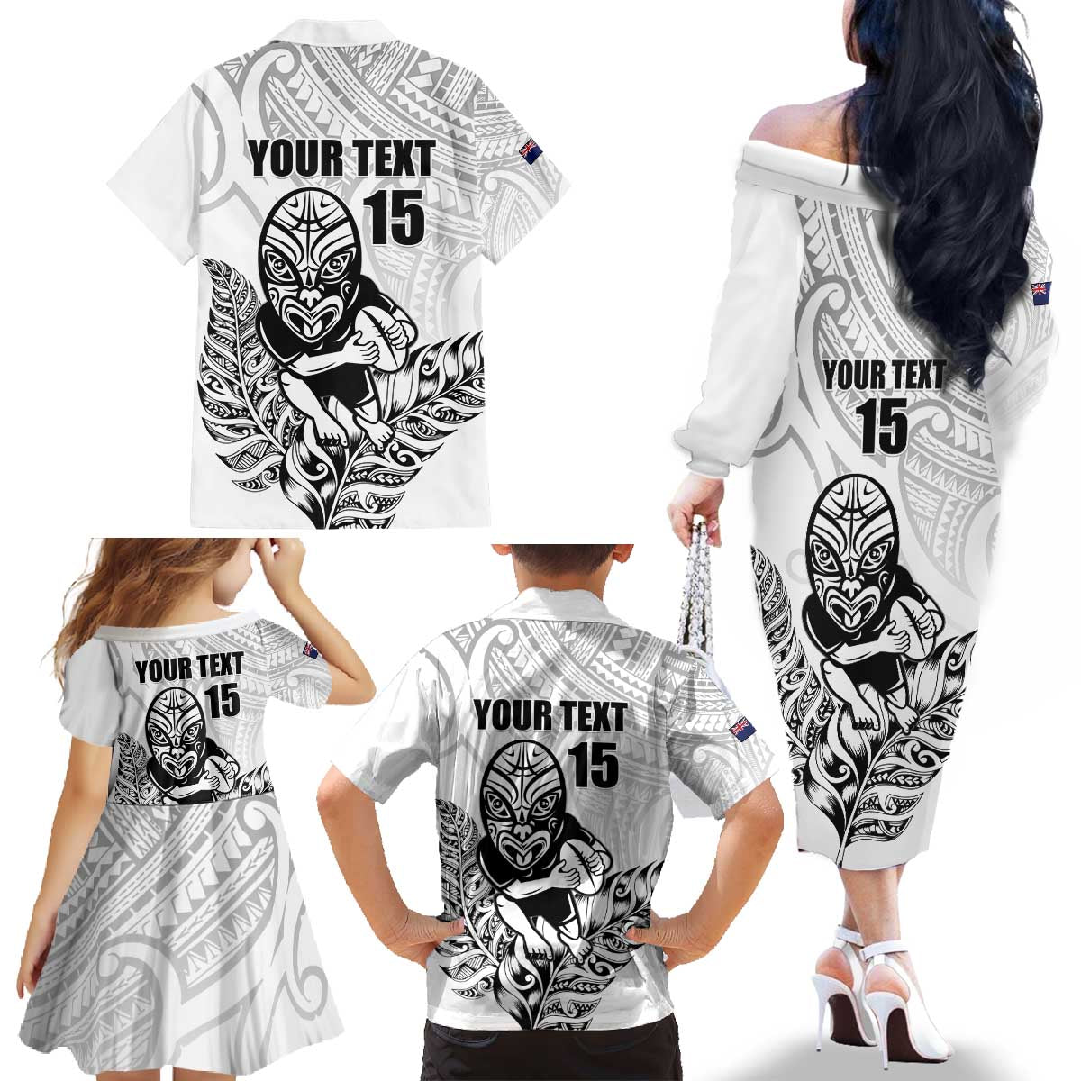 New Zealand Silver Fern Rugby Custom Family Matching Off The Shoulder Long Sleeve Dress and Hawaiian Shirt Maori Tiki White Version LT15 - Polynesian Pride