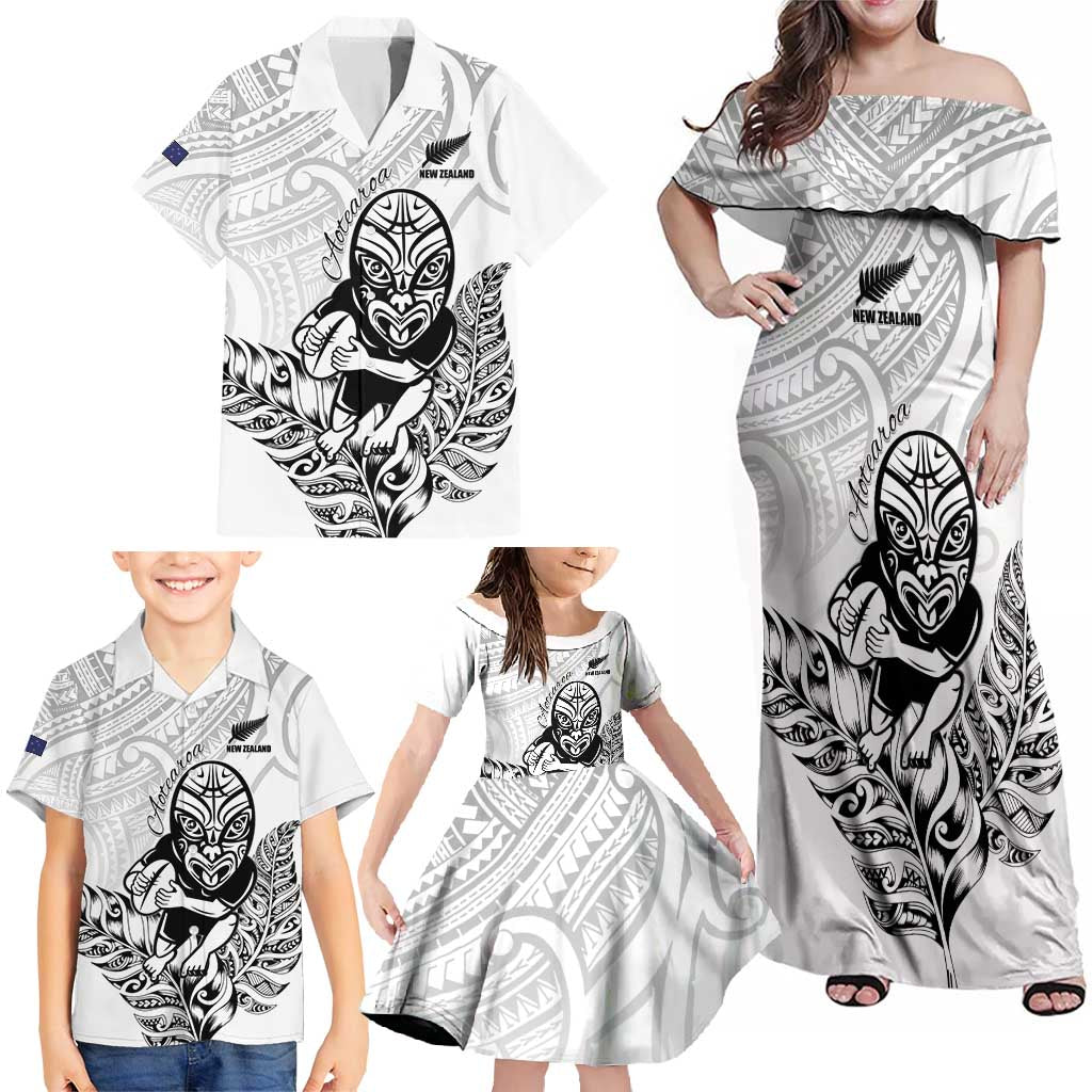 New Zealand Silver Fern Rugby Custom Family Matching Off Shoulder Maxi Dress and Hawaiian Shirt Maori Tiki White Version LT15 - Polynesian Pride