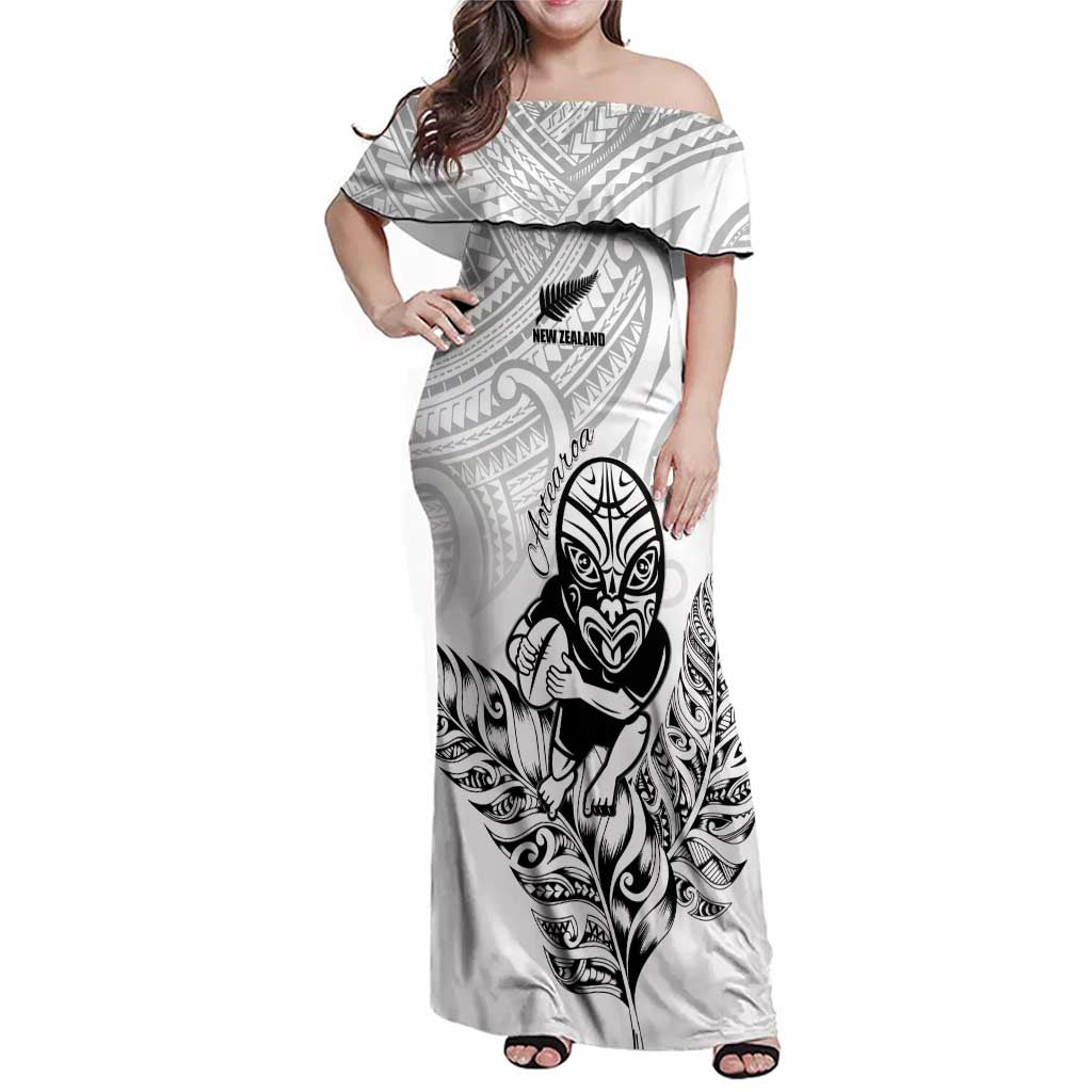 New Zealand Silver Fern Rugby Custom Family Matching Off Shoulder Maxi Dress and Hawaiian Shirt Maori Tiki White Version LT15 Mom's Dress White - Polynesian Pride
