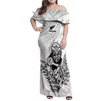 New Zealand Silver Fern Rugby Custom Family Matching Off Shoulder Maxi Dress and Hawaiian Shirt Maori Tiki White Version LT15 Mom's Dress White - Polynesian Pride