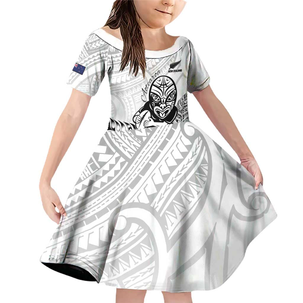 New Zealand Silver Fern Rugby Custom Family Matching Off Shoulder Short Dress and Hawaiian Shirt Maori Tiki White Version LT15 Daughter's Dress White - Polynesian Pride