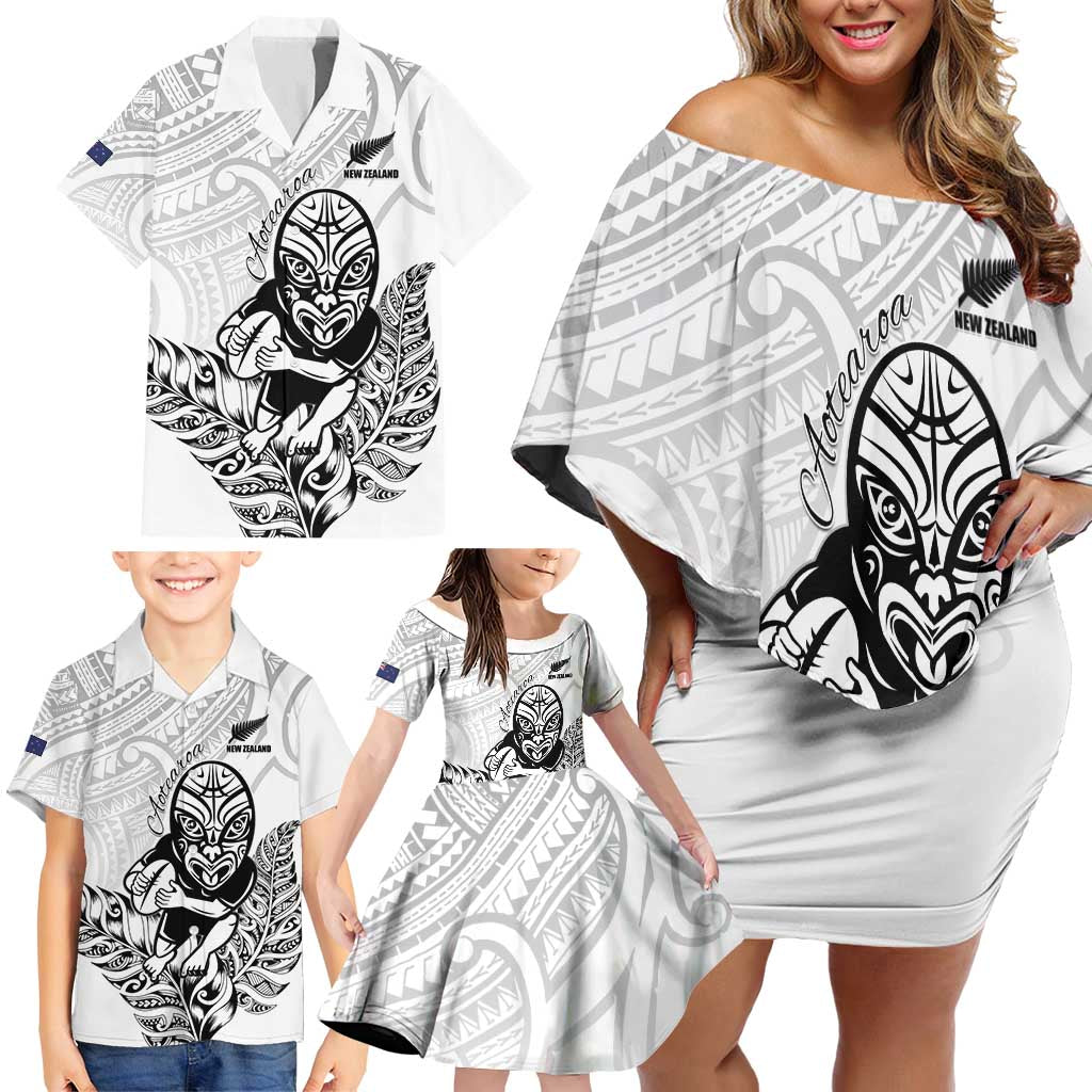 New Zealand Silver Fern Rugby Custom Family Matching Off Shoulder Short Dress and Hawaiian Shirt Maori Tiki White Version LT15 - Polynesian Pride