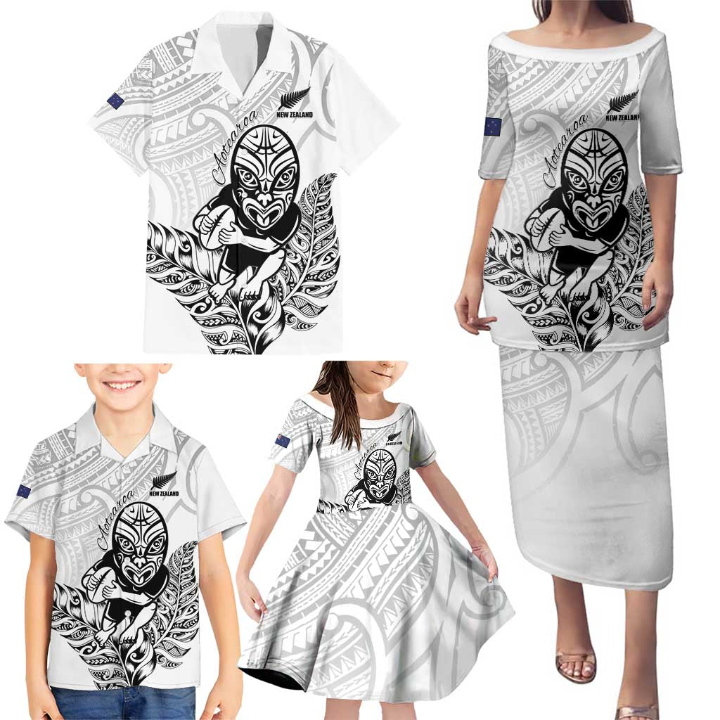 New Zealand Silver Fern Rugby Custom Family Matching Puletasi and Hawaiian Shirt Maori Tiki White Version LT15 - Polynesian Pride