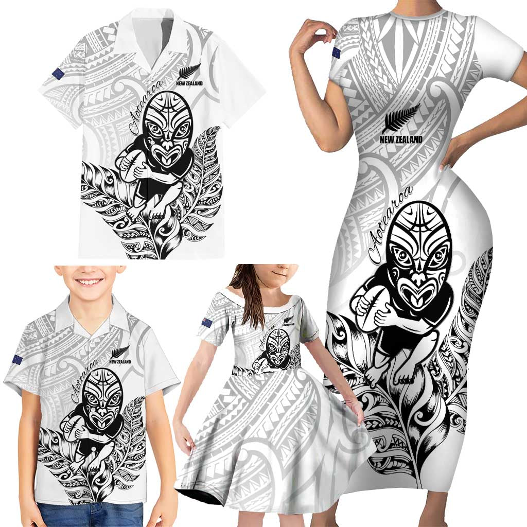 New Zealand Silver Fern Rugby Custom Family Matching Short Sleeve Bodycon Dress and Hawaiian Shirt Maori Tiki White Version LT15 - Polynesian Pride