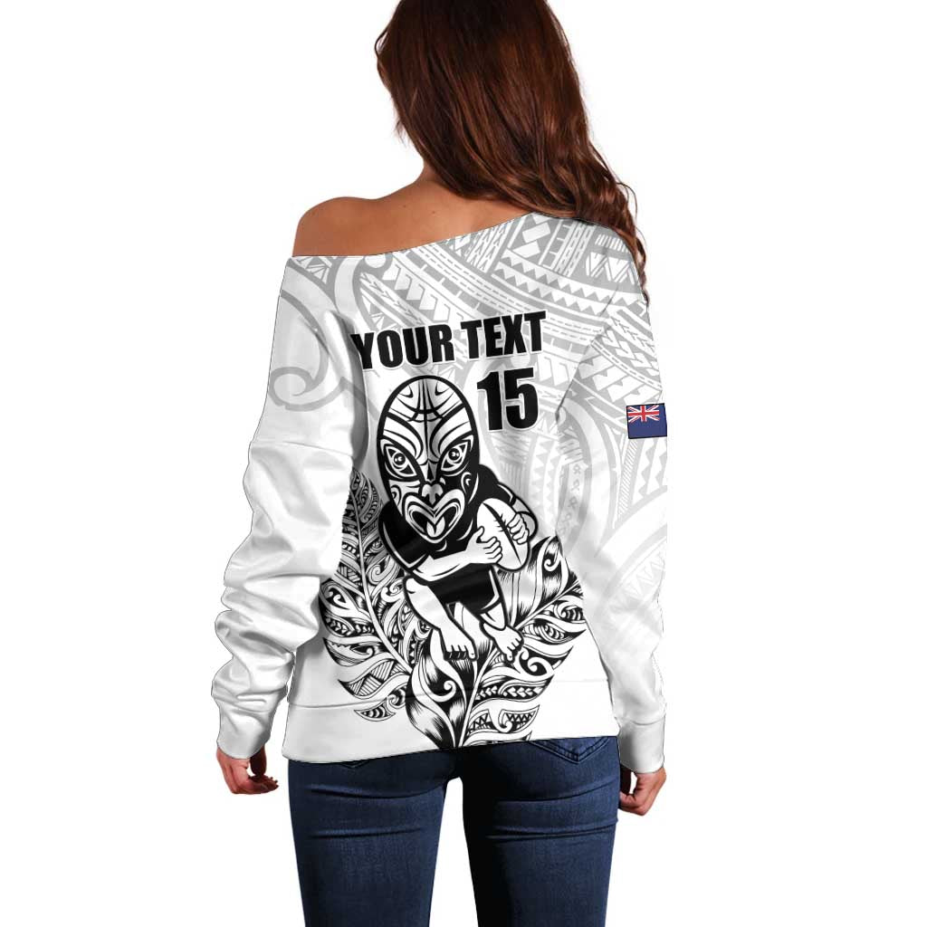 New Zealand Silver Fern Rugby Custom Off Shoulder Sweater Maori Tiki White Version