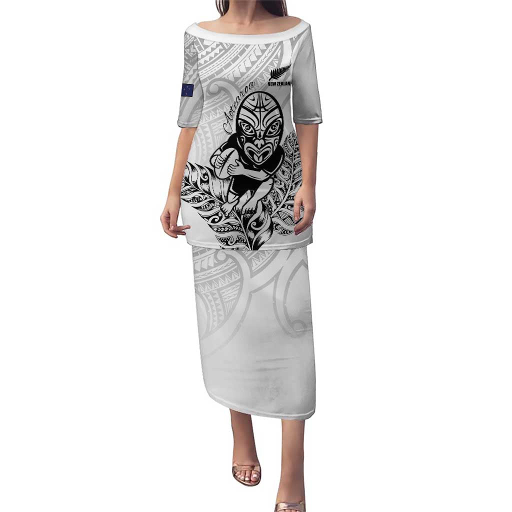New Zealand Silver Fern Rugby Custom Puletasi Maori Tiki White Version LT15 Long Dress White - Polynesian Pride