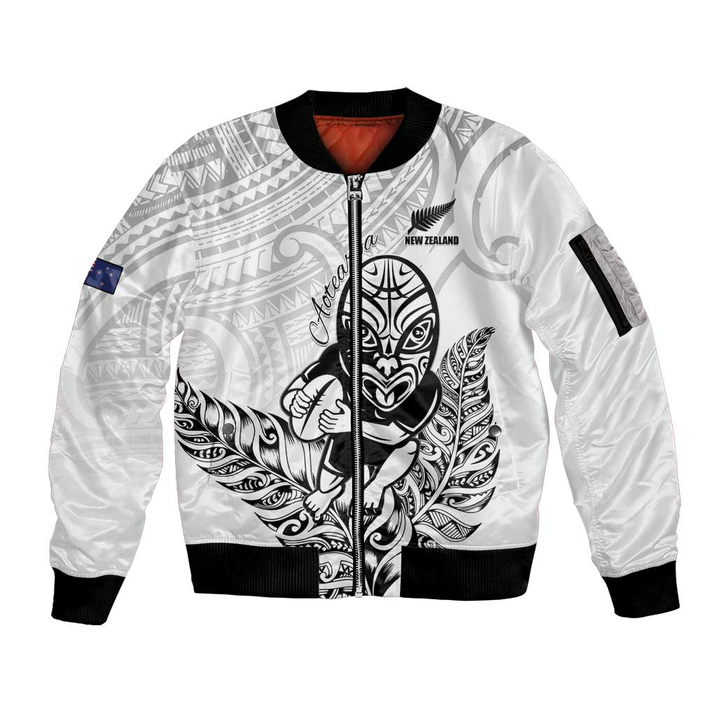 New Zealand Silver Fern Rugby Custom Sleeve Zip Bomber Jacket Maori Tiki White Version LT15 Unisex White - Polynesian Pride