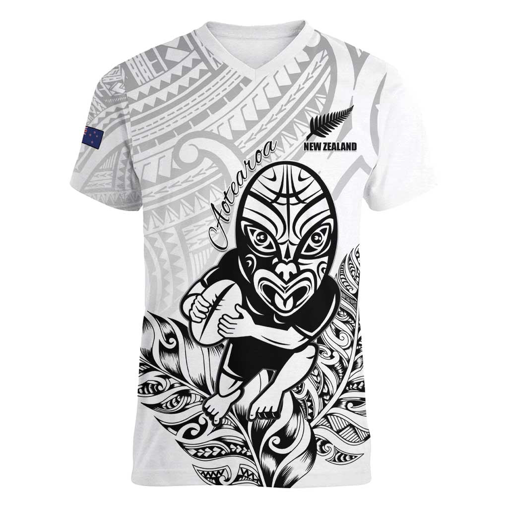 New Zealand Silver Fern Rugby Custom Women V-Neck T-Shirt Maori Tiki White Version LT15 Female White - Polynesian Pride