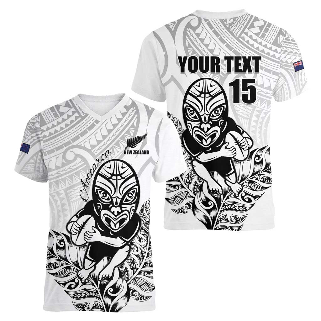 New Zealand Silver Fern Rugby Custom Women V-Neck T-Shirt Maori Tiki White Version LT15 - Polynesian Pride