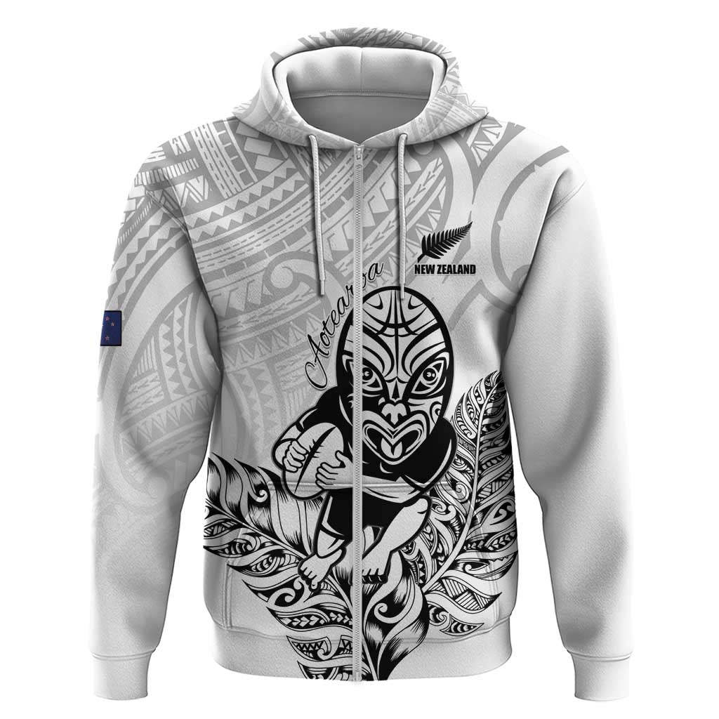 New Zealand Silver Fern Rugby Custom Zip Hoodie Maori Tiki White Version LT15 Zip Hoodie White - Polynesian Pride