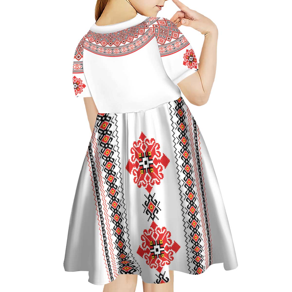 Bulgarian Embroidery Style Seamless Pattern Kid Short Sleeve Dress
