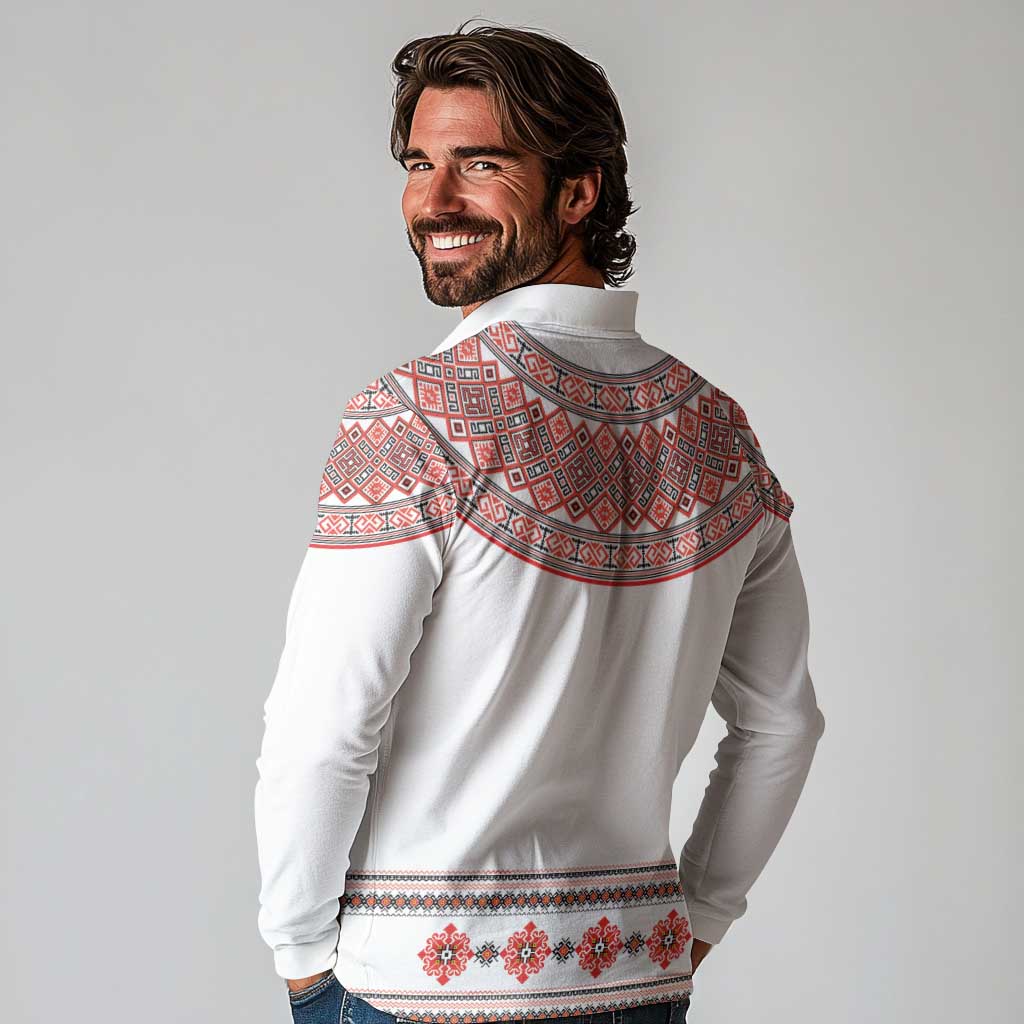 Bulgarian Embroidery Style Seamless Pattern Long Sleeve Polo Shirt