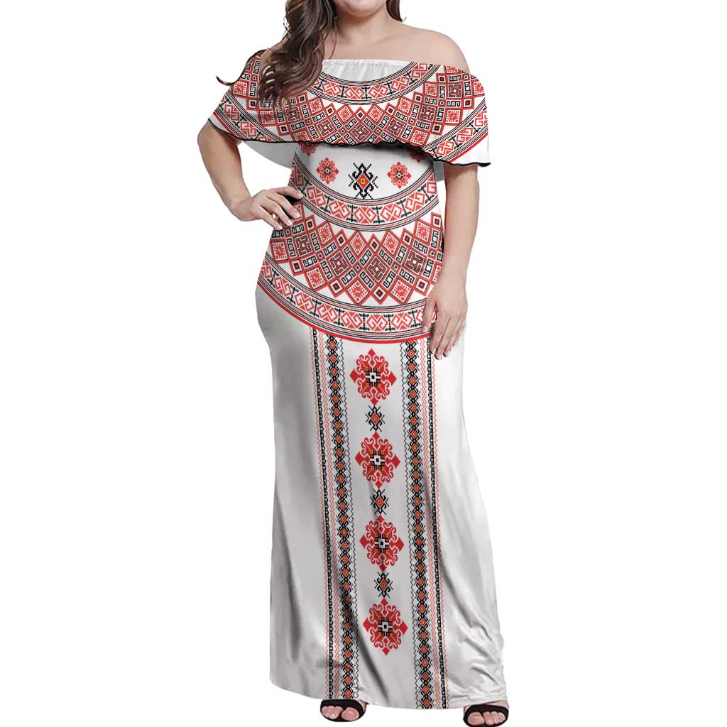 Bulgarian Embroidery Style Seamless Pattern Off Shoulder Maxi Dress