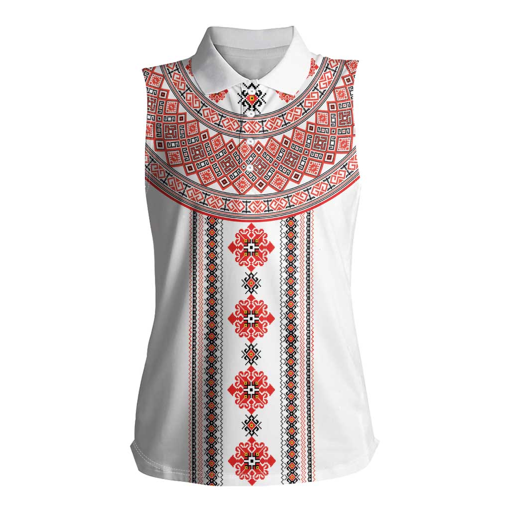 Bulgarian Embroidery Style Seamless Pattern Women Sleeveless Polo Shirt