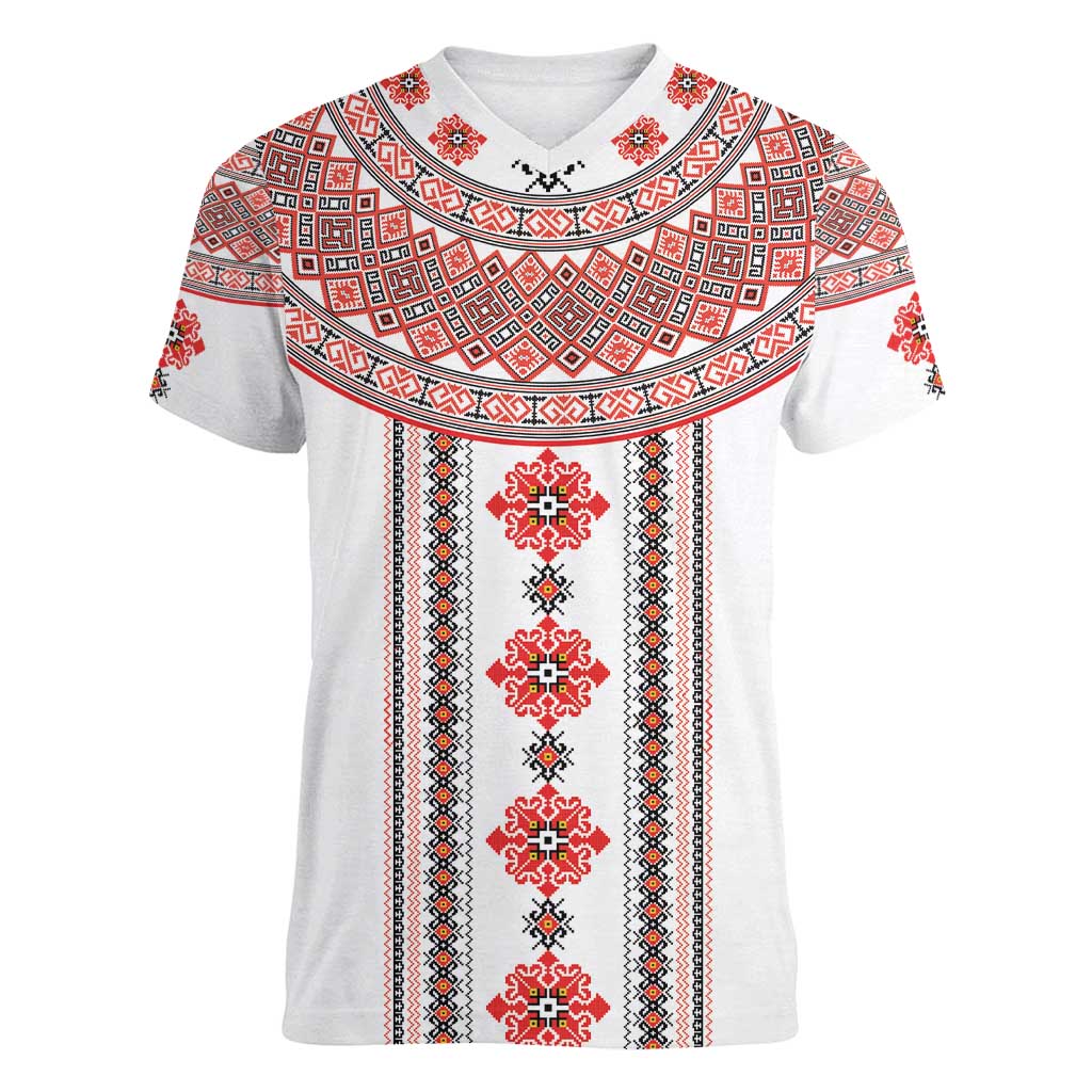 Bulgarian Embroidery Style Seamless Pattern Women V-Neck T-Shirt