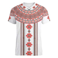Bulgarian Embroidery Style Seamless Pattern Women V-Neck T-Shirt