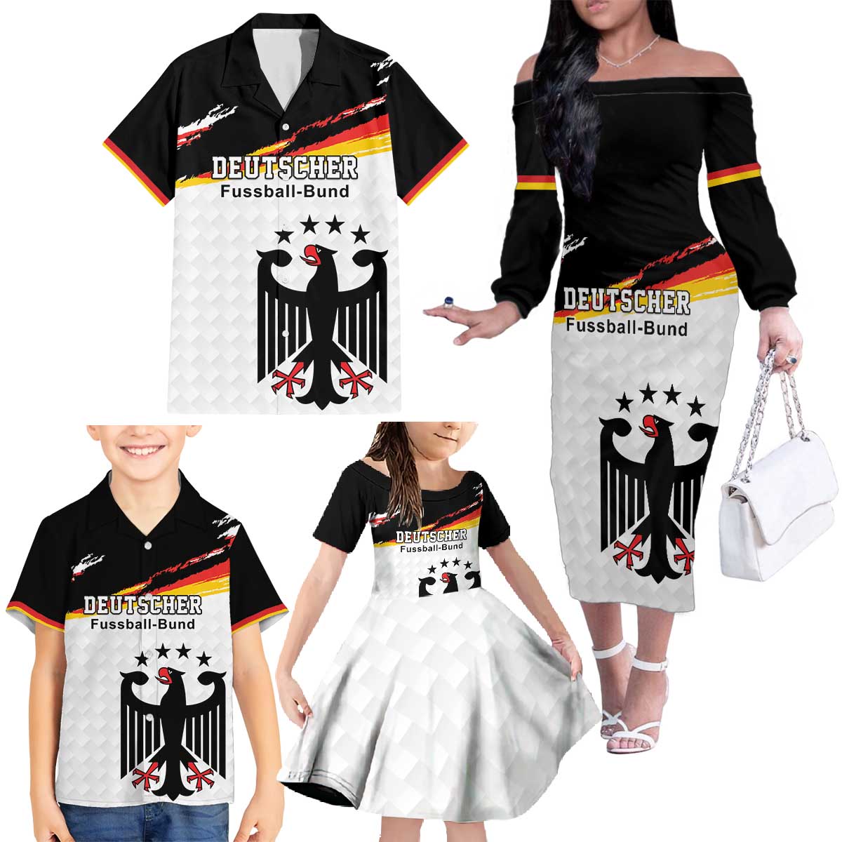 Custom Germany Football Family Matching Off The Shoulder Long Sleeve Dress and Hawaiian Shirt Come On DFB-Team