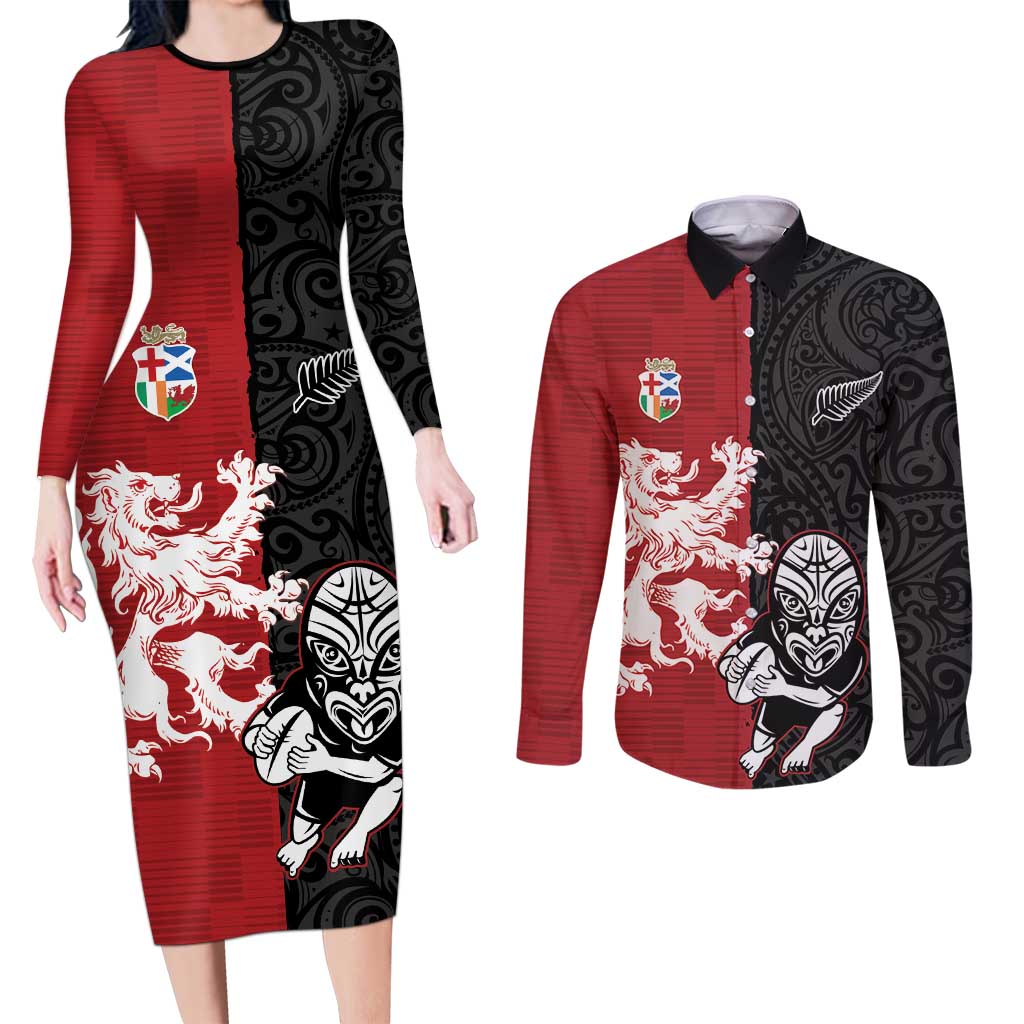 Custom British Lions New Zealand Couples Matching Long Sleeve Bodycon Dress and Long Sleeve Button Shirt Unique Style - Polynesian Pride