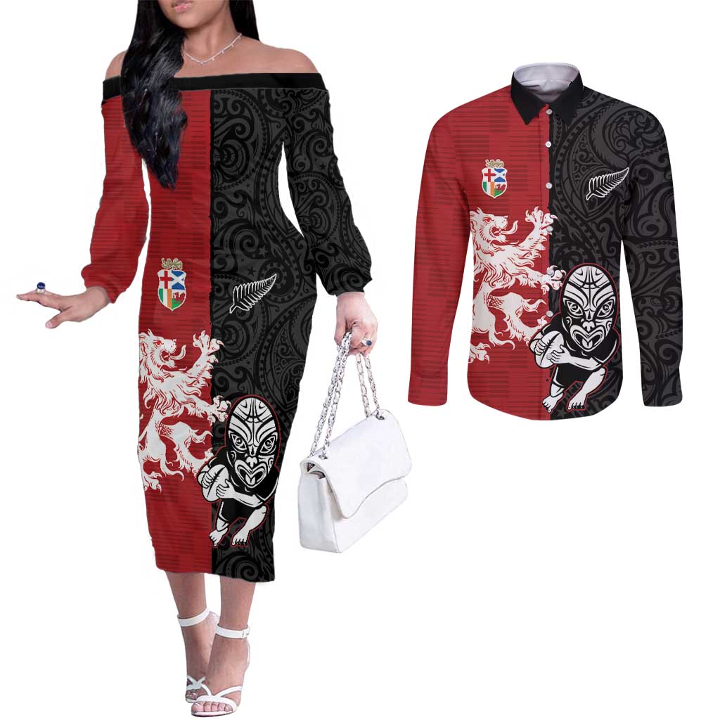 Custom British Lions New Zealand Couples Matching Off The Shoulder Long Sleeve Dress and Long Sleeve Button Shirt Unique Style LT18 Red - Polynesian Pride