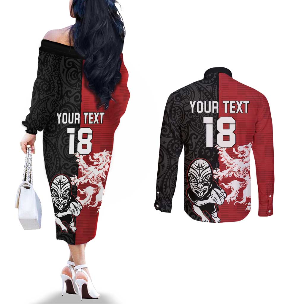 Custom British Lions New Zealand Couples Matching Off The Shoulder Long Sleeve Dress and Long Sleeve Button Shirt Unique Style LT18 - Polynesian Pride