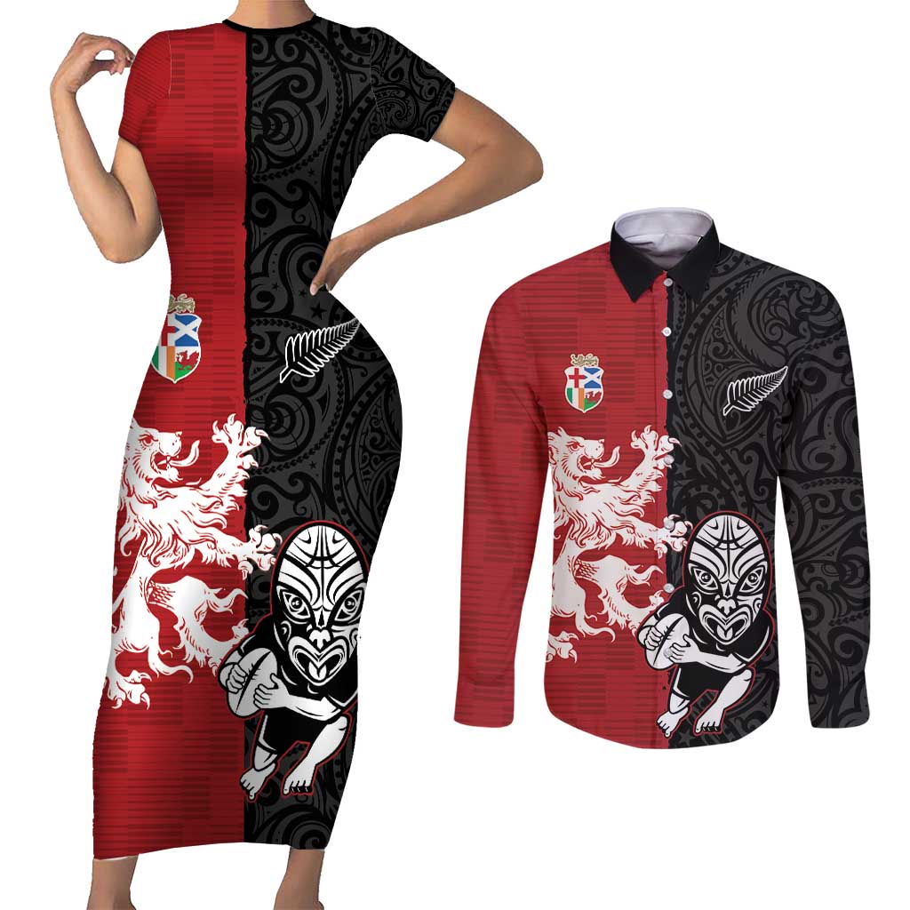 Custom British Lions New Zealand Couples Matching Short Sleeve Bodycon Dress and Long Sleeve Button Shirt Unique Style - Polynesian Pride