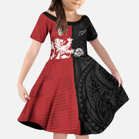 Custom British Lions New Zealand Family Matching Long Sleeve Bodycon Dress and Hawaiian Shirt Unique Style LT18 Daughter's Dress Red - Polynesian Pride