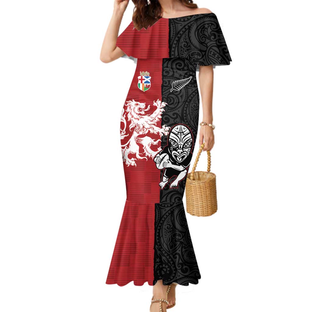 Custom British Lions New Zealand Family Matching Mermaid Dress and Hawaiian Shirt Unique Style LT18 Mom's Dress Red - Polynesian Pride