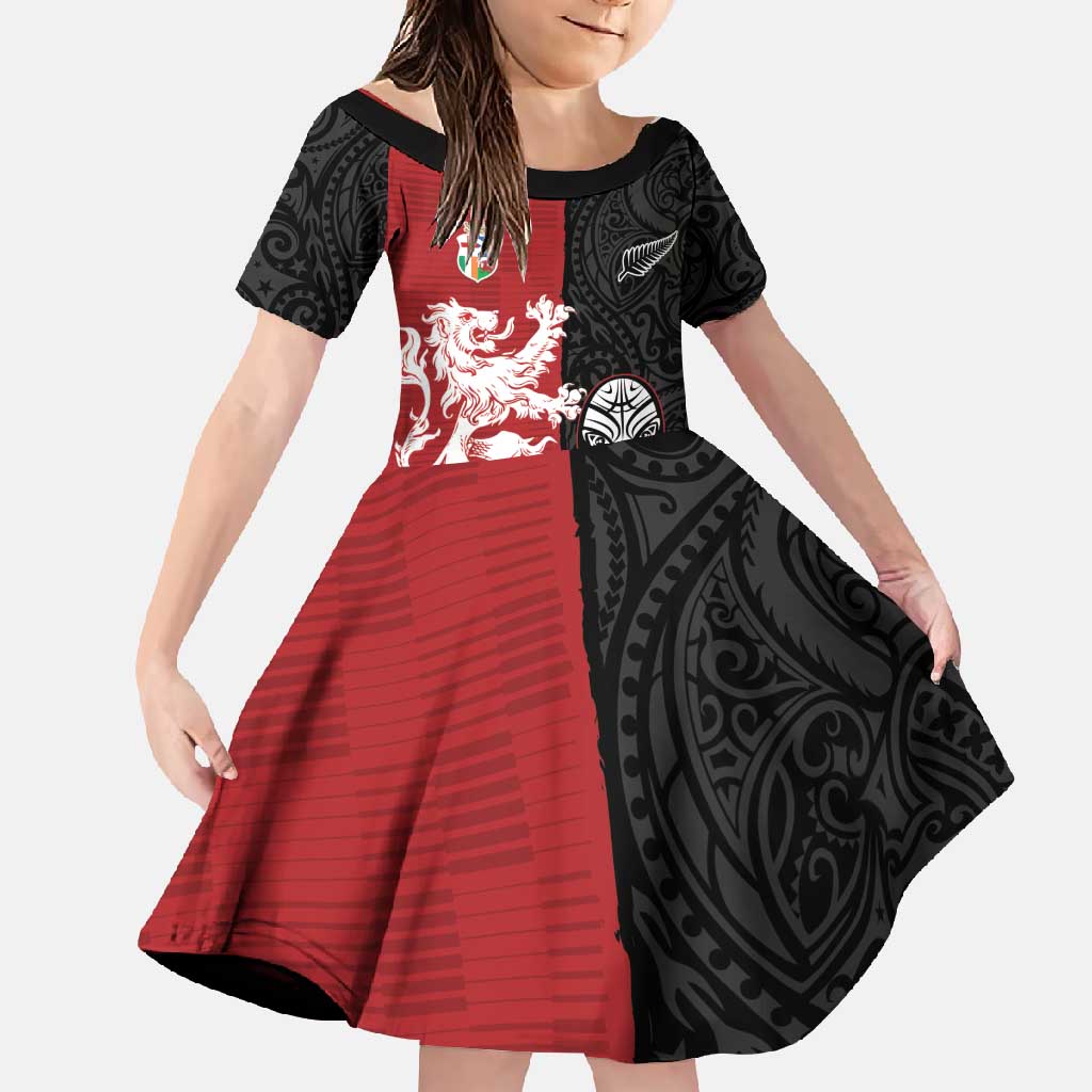 Custom British Lions New Zealand Family Matching Off Shoulder Maxi Dress and Hawaiian Shirt Unique Style LT18 Daughter's Dress Red - Polynesian Pride