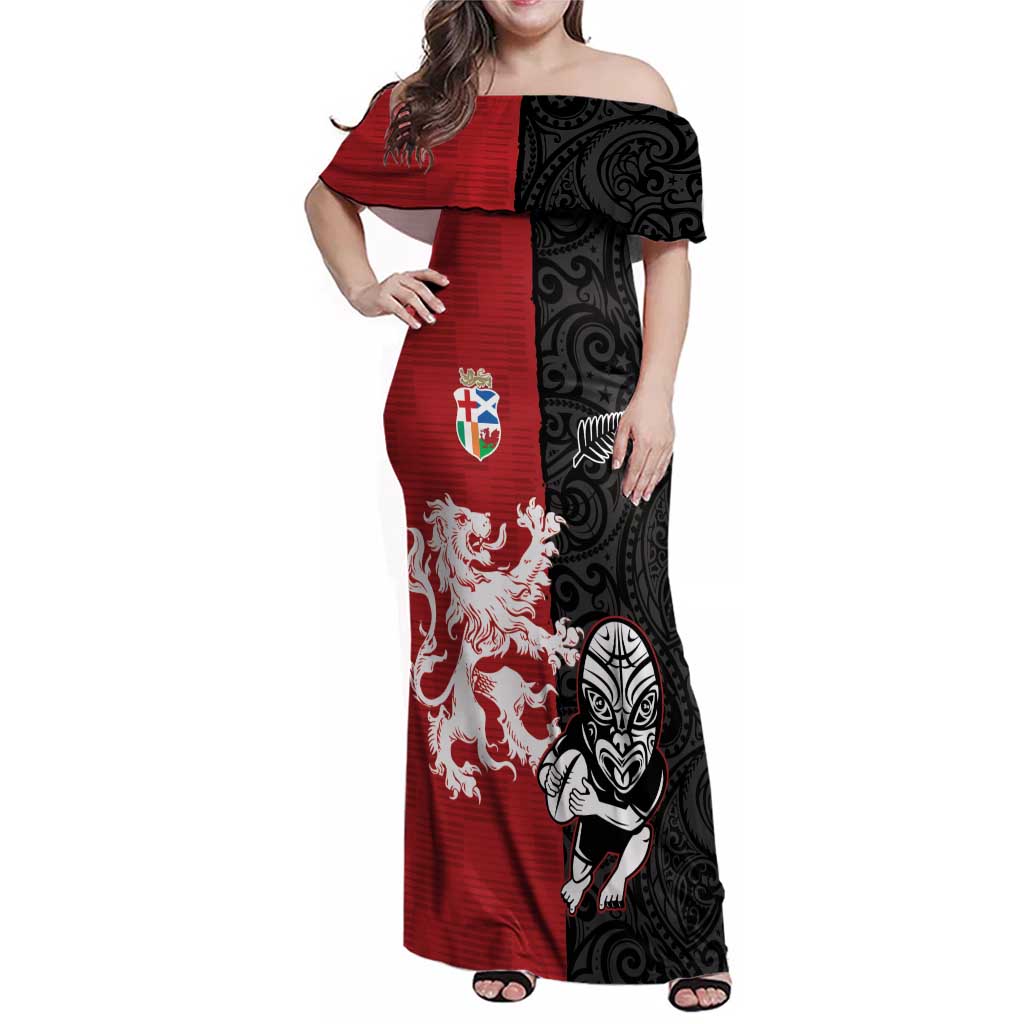 Custom British Lions New Zealand Family Matching Off Shoulder Maxi Dress and Hawaiian Shirt Unique Style LT18 Mom's Dress Red - Polynesian Pride