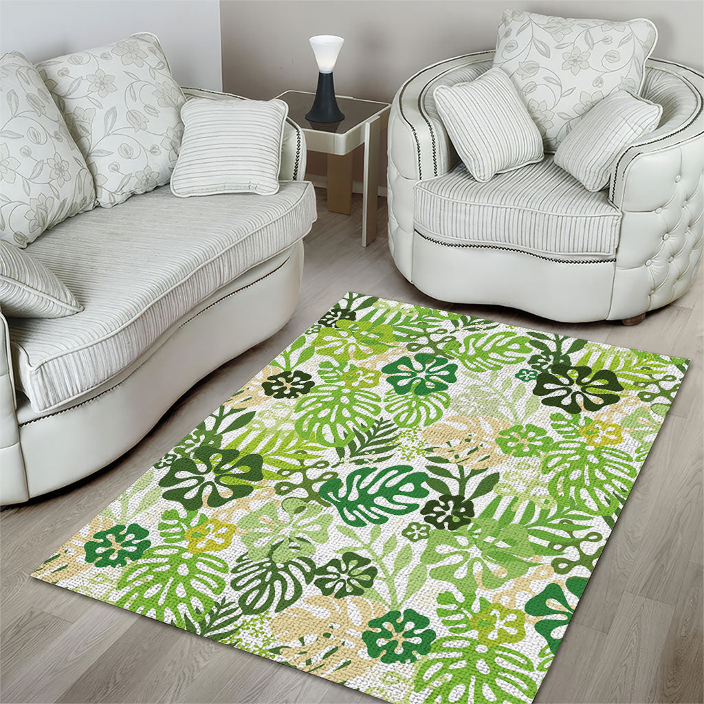 Green Aloha Hawaiian Area Rug Monstera Hibiscus Tropical Pattern