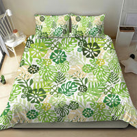 Green Aloha Hawaiian Bedding Set Monstera Hibiscus Tropical Pattern