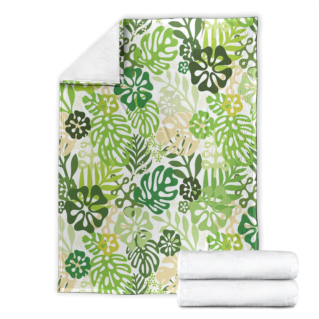 Green Aloha Hawaiian Blanket Monstera Hibiscus Tropical Pattern