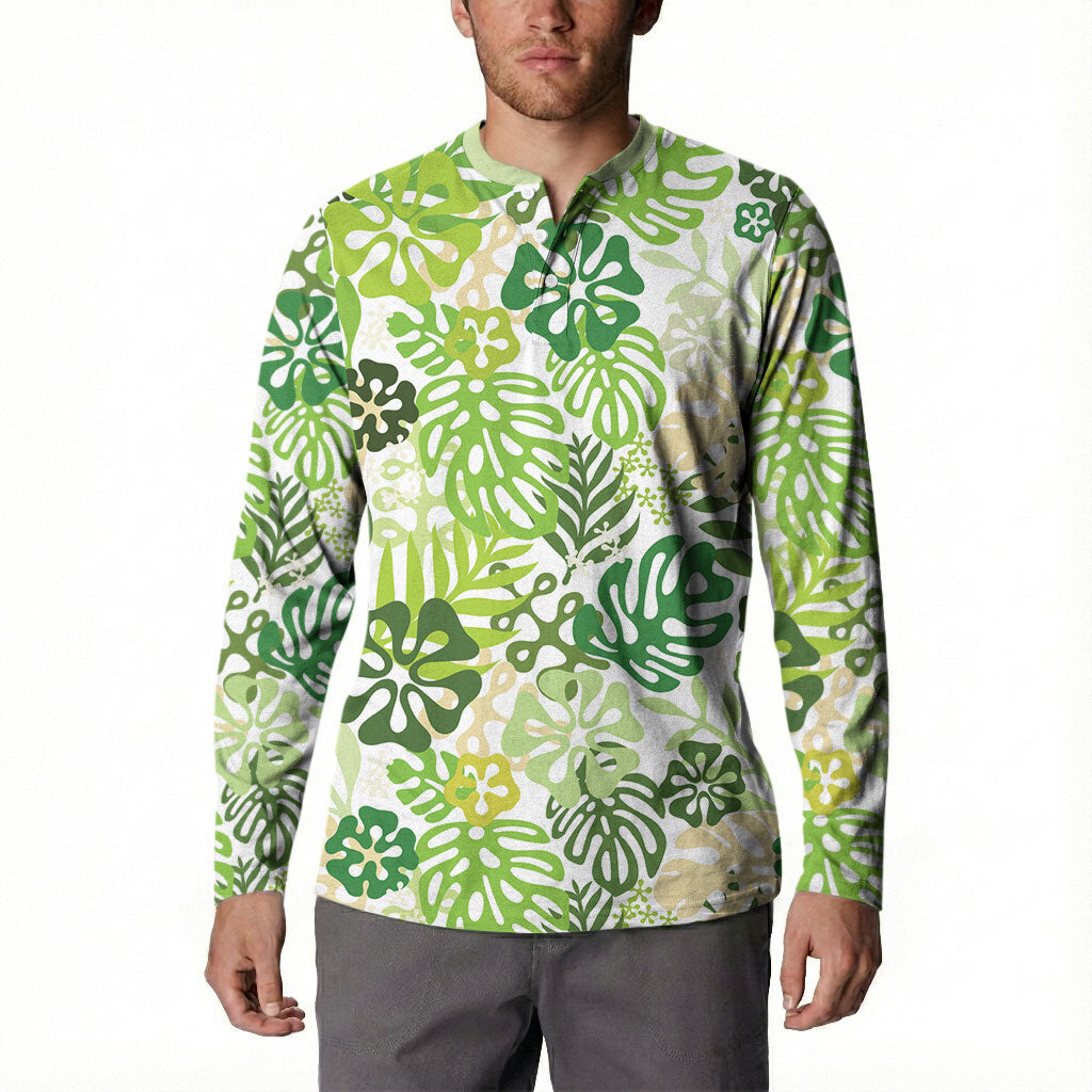 Green Aloha Hawaiian Button Sweatshirt Monstera Hibiscus Tropical Pattern