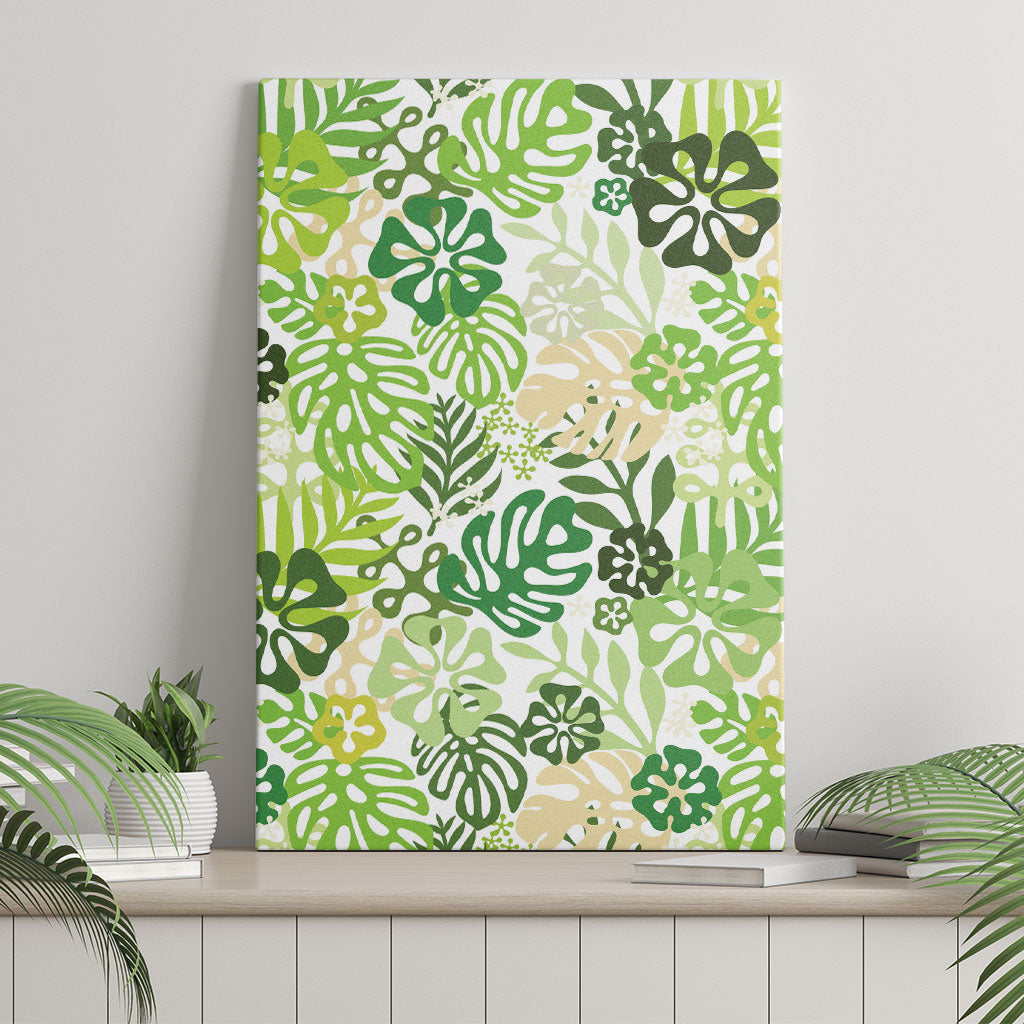 Green Aloha Hawaiian Canvas Wall Art Monstera Hibiscus Tropical Pattern
