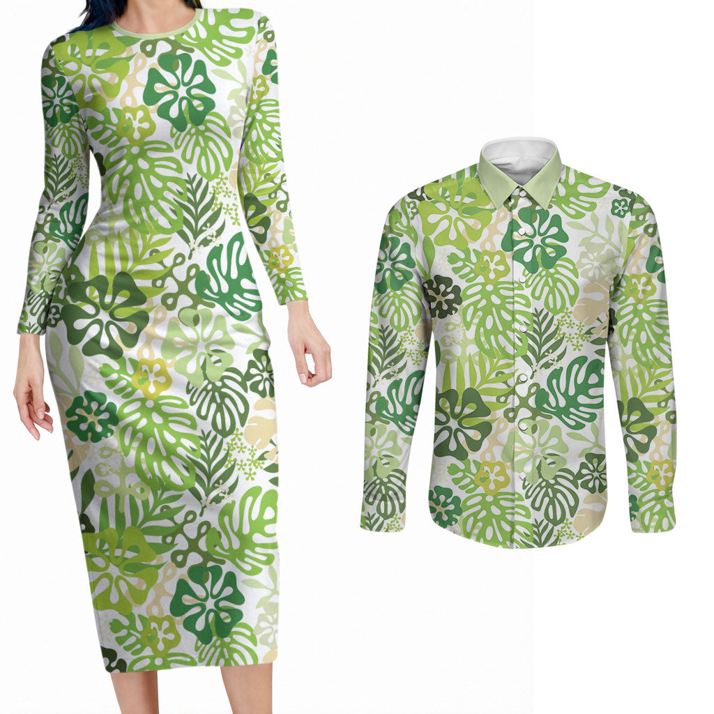 Green Aloha Hawaiian Couples Matching Long Sleeve Bodycon Dress and Long Sleeve Button Shirt Monstera Hibiscus Tropical Pattern