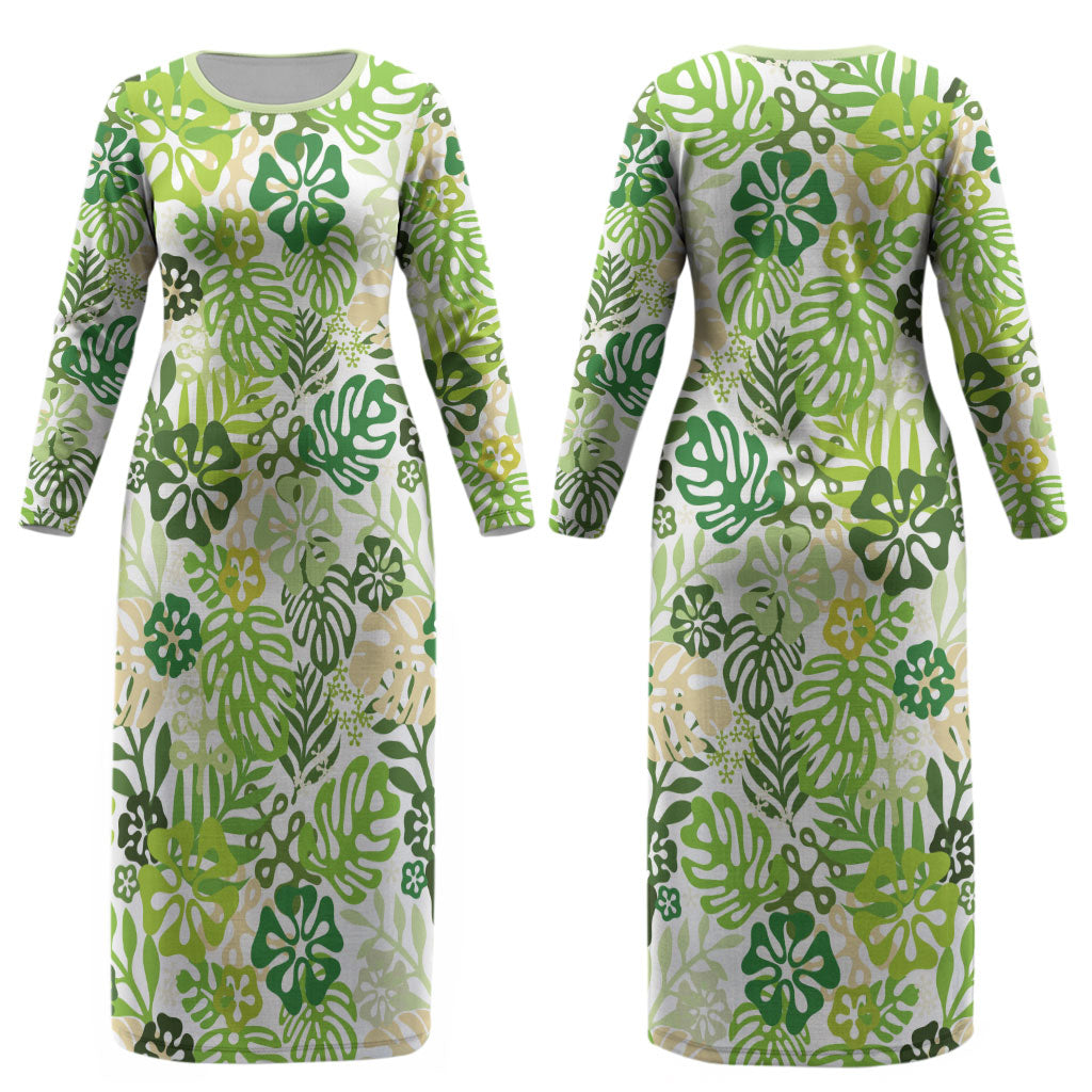 Green Aloha Hawaiian Couples Matching Long Sleeve Bodycon Dress and Long Sleeve Button Shirt Monstera Hibiscus Tropical Pattern