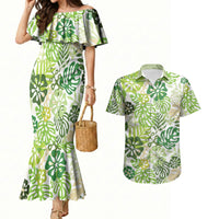 Green Aloha Hawaiian Couples Matching Mermaid Dress and Hawaiian Shirt Monstera Hibiscus Tropical Pattern