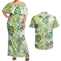 Green Aloha Hawaiian Couples Matching Off Shoulder Maxi Dress and Hawaiian Shirt Monstera Hibiscus Tropical Pattern