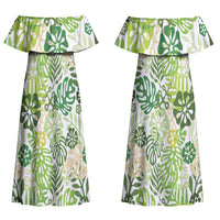 Green Aloha Hawaiian Couples Matching Off Shoulder Maxi Dress and Hawaiian Shirt Monstera Hibiscus Tropical Pattern