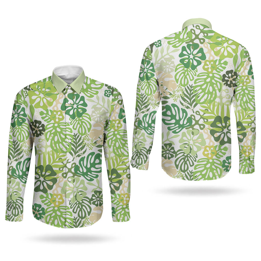 Green Aloha Hawaiian Couples Matching Off Shoulder Maxi Dress and Long Sleeve Button Shirt Monstera Hibiscus Tropical Pattern