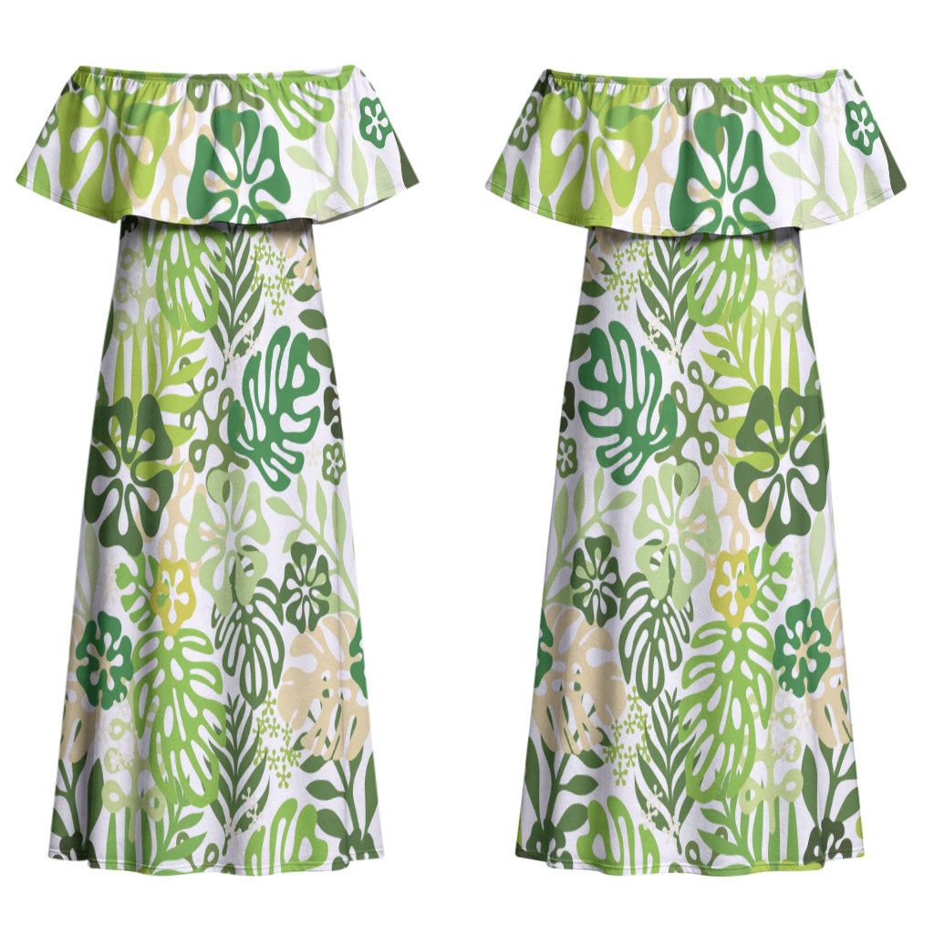 Green Aloha Hawaiian Couples Matching Off Shoulder Maxi Dress and Long Sleeve Button Shirt Monstera Hibiscus Tropical Pattern