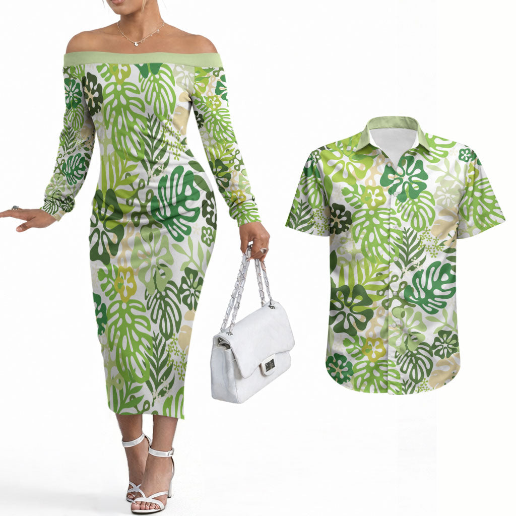 Green Aloha Hawaiian Couples Matching Off The Shoulder Long Sleeve Dress and Hawaiian Shirt Monstera Hibiscus Tropical Pattern