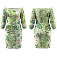 Green Aloha Hawaiian Couples Matching Off The Shoulder Long Sleeve Dress and Hawaiian Shirt Monstera Hibiscus Tropical Pattern