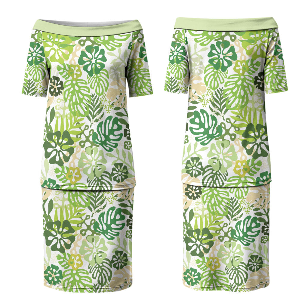 Green Aloha Hawaiian Couples Matching Puletasi and Hawaiian Shirt Monstera Hibiscus Tropical Pattern